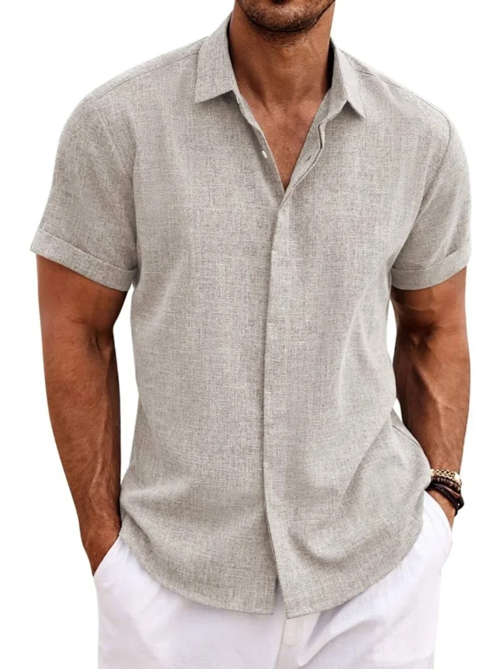 Men's Stone Beach Linen Short Sleeve Casual Wedding Shirts Button Down